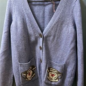 Cath Kidston Vintage Telephone Cardigan — Blue Wool Knit — Size Small